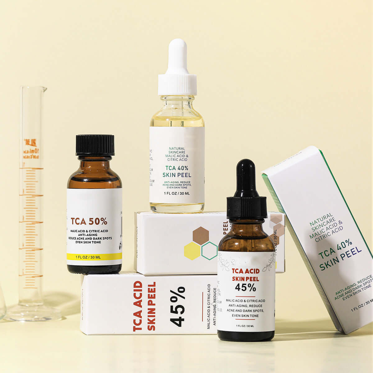 Rejuvenating Serum Repair To Remove Acne And Fade Acne Marks with TCA acid skin peel bottles and packaging.