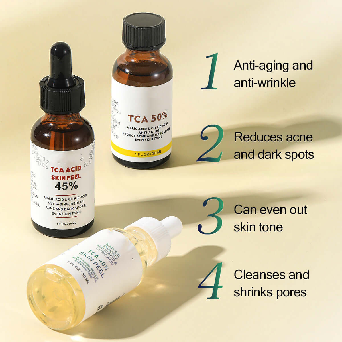 Rejuvenating Serum Repair To Remove Acne And Fade Acne Marks featuring TCA Acid Skin Peel bottles on display.