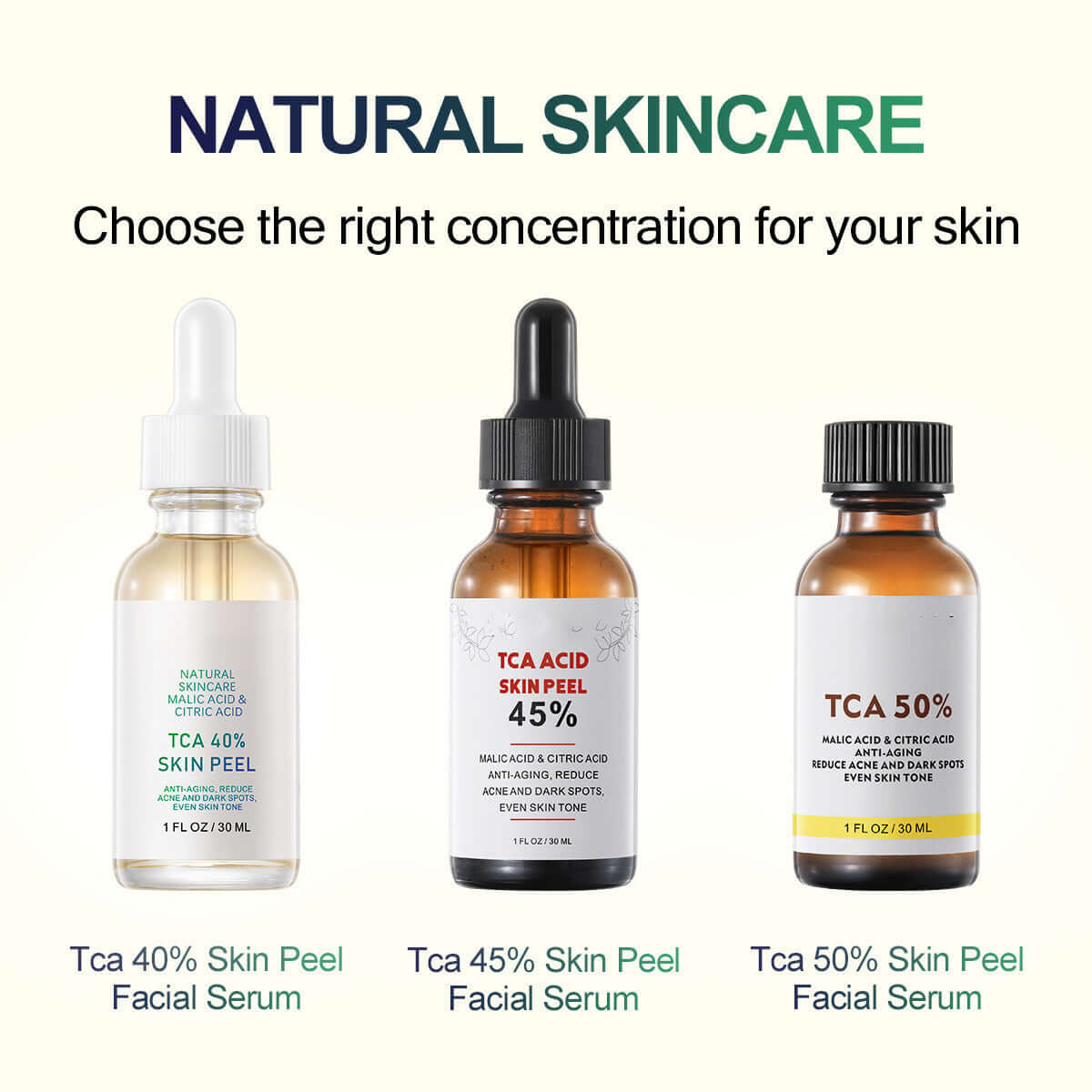 Rejuvenating Serum Repair To Remove Acne And Fade Acne Marks - TCA 40%, 45%, and 50% Skin Peel Serum bottles.