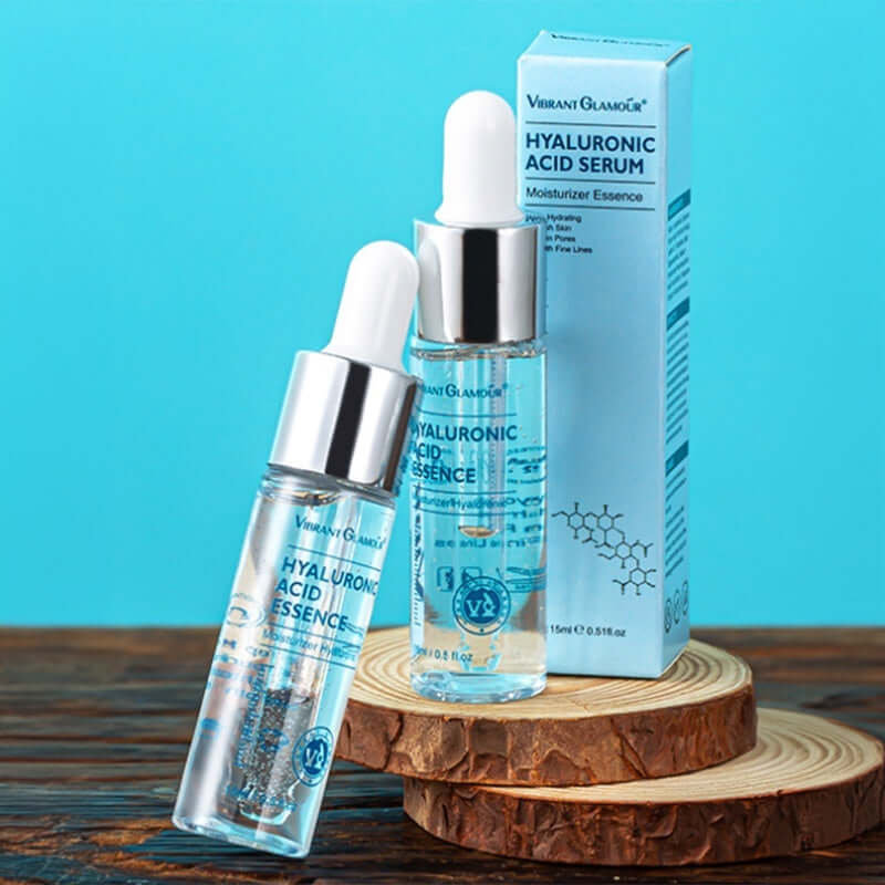 Hyaluronic Acid Face Serum Anti-Aging Shrink Pore Whitening Moisturizing Cream Dry Skin Care in a blue background.